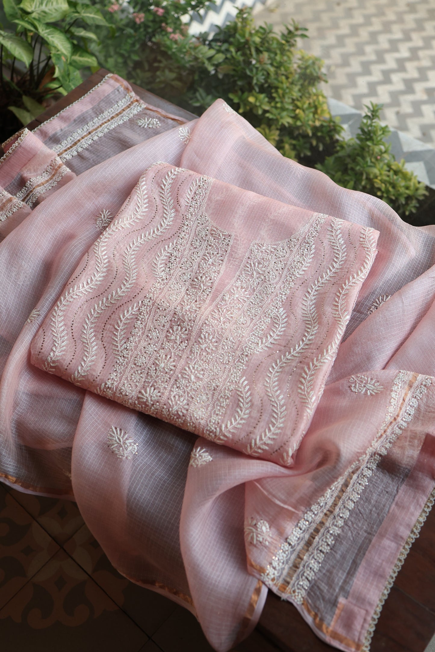 Pink Rasm Kota Tussar Chikankari Unstitched Chikankari Fabrics