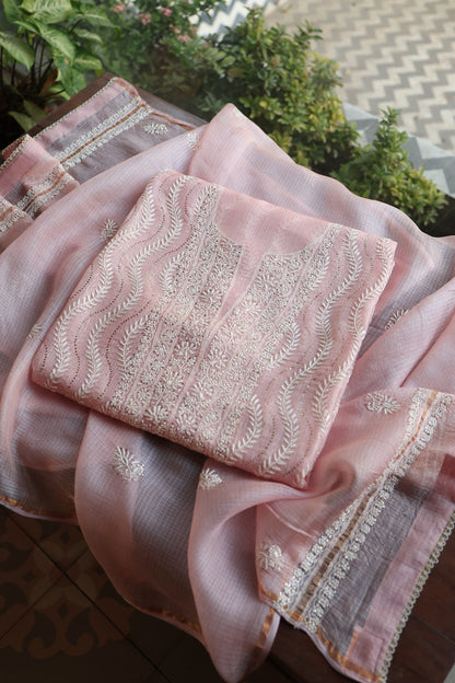 Pink Rasm Kota Tussar Chikankari Unstitched Chikankari Fabrics