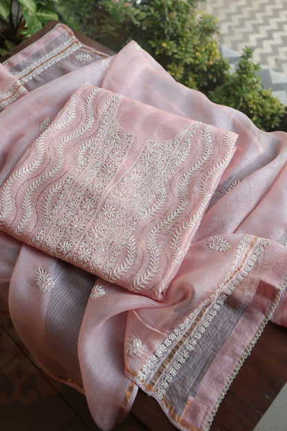 Pink Rasm Kota Tussar Chikankari Unstitched Chikankari Fabrics