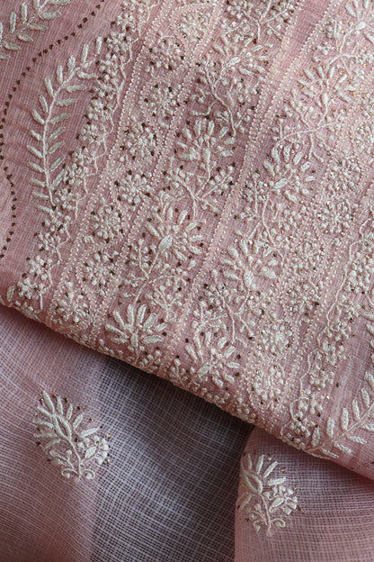 Pink Rasm Kota Tussar Chikankari Unstitched Chikankari Fabrics