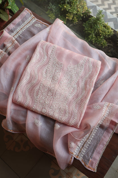 Pink Rasm Kota Tussar Chikankari Unstitched Chikankari Fabrics