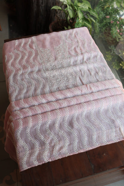 Pink Rasm Kota Tussar Chikankari Unstitched Chikankari Fabrics