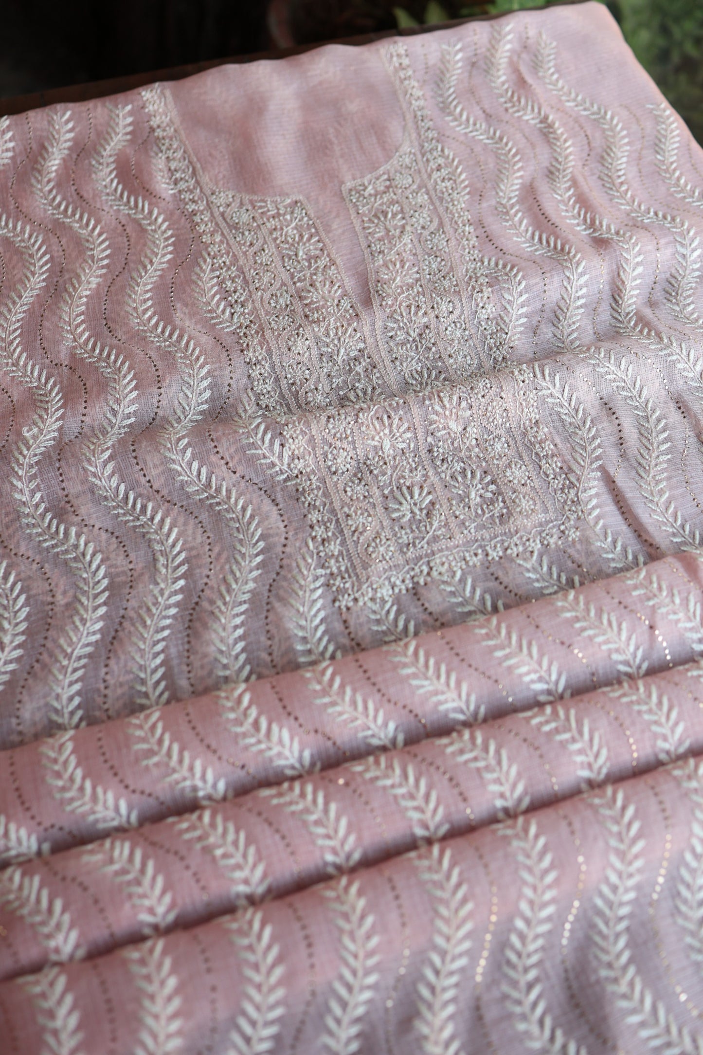 Pink Rasm Kota Tussar Chikankari Unstitched Chikankari Fabrics