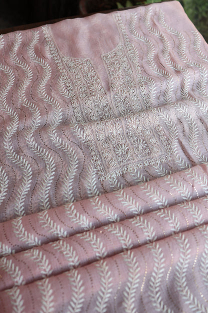 Pink Rasm Kota Tussar Chikankari Unstitched Chikankari Fabrics