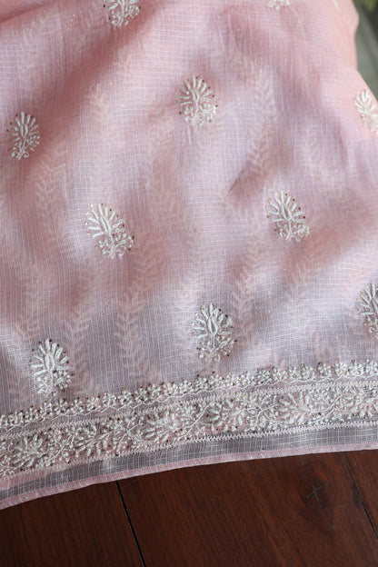 Pink Rasm Kota Tussar Chikankari Unstitched Chikankari Fabrics
