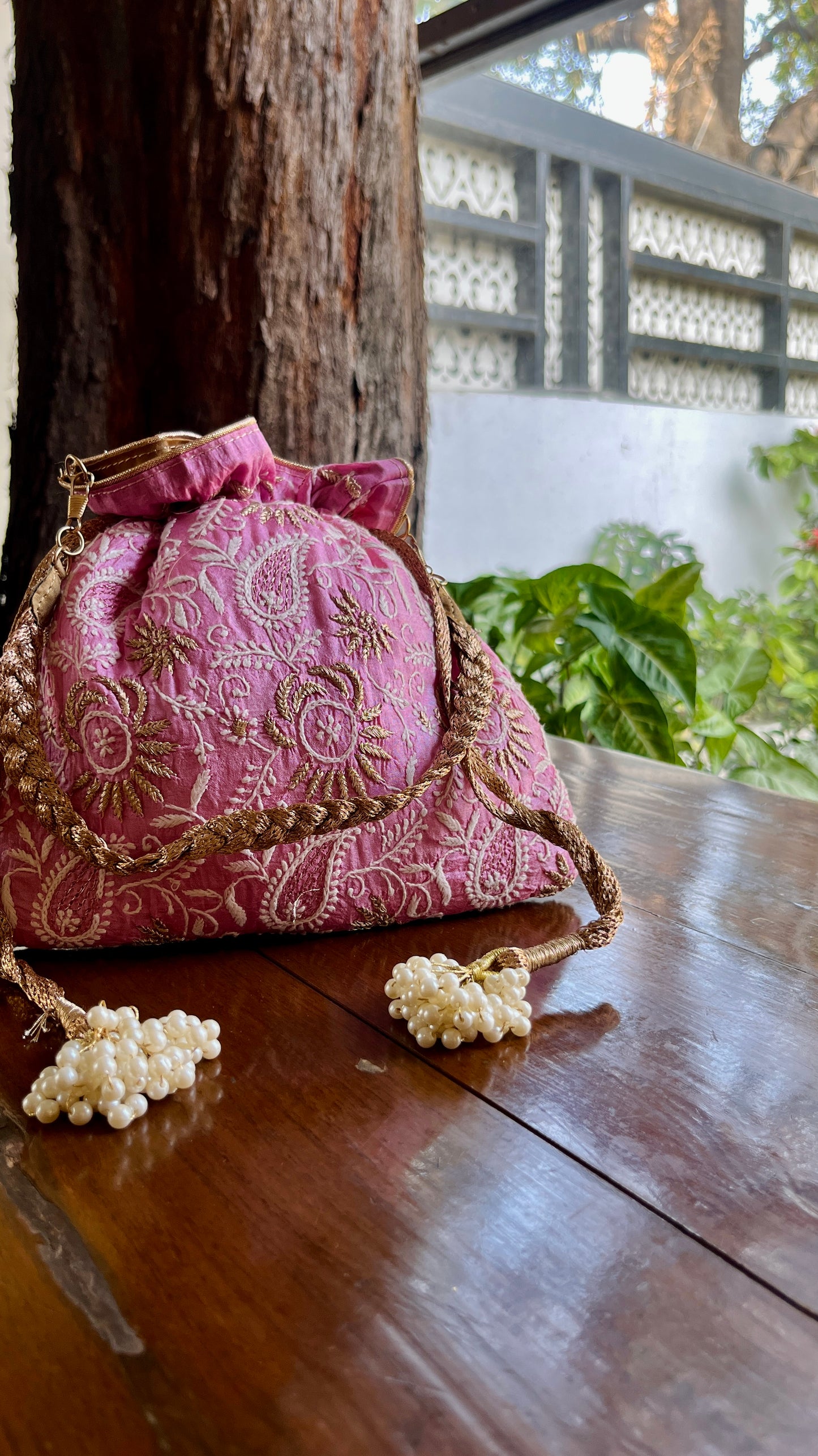 Pink Raw Silk Chikankari Polti Bags