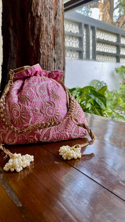 Pink Raw Silk Chikankari Polti Bags