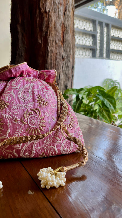 Pink Raw Silk Chikankari Polti Bags