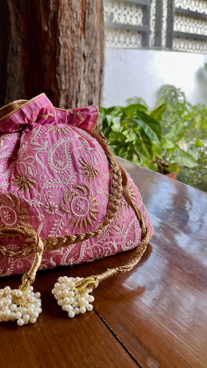 Pink Raw Silk Chikankari Polti Bags