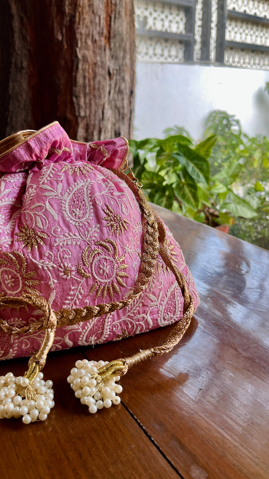 Pink Raw Silk Chikankari Polti Bags