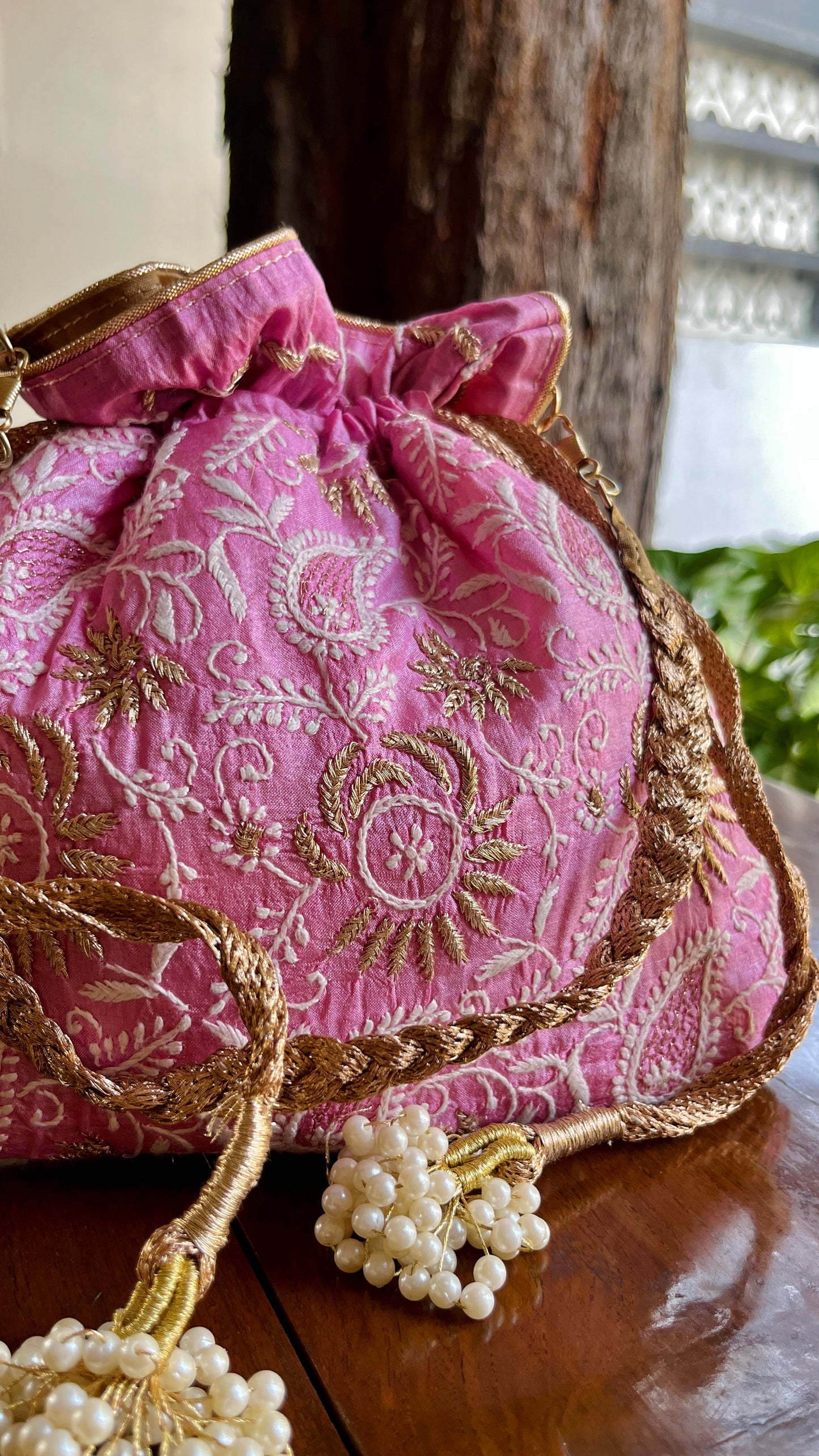 Pink Raw Silk Chikankari Polti Bags