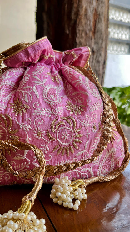 Pink Raw Silk Chikankari Polti Bags