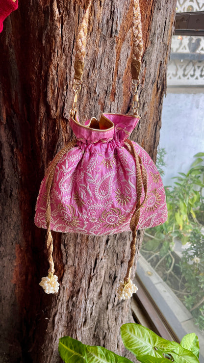 Pink Raw Silk Chikankari Polti Bags