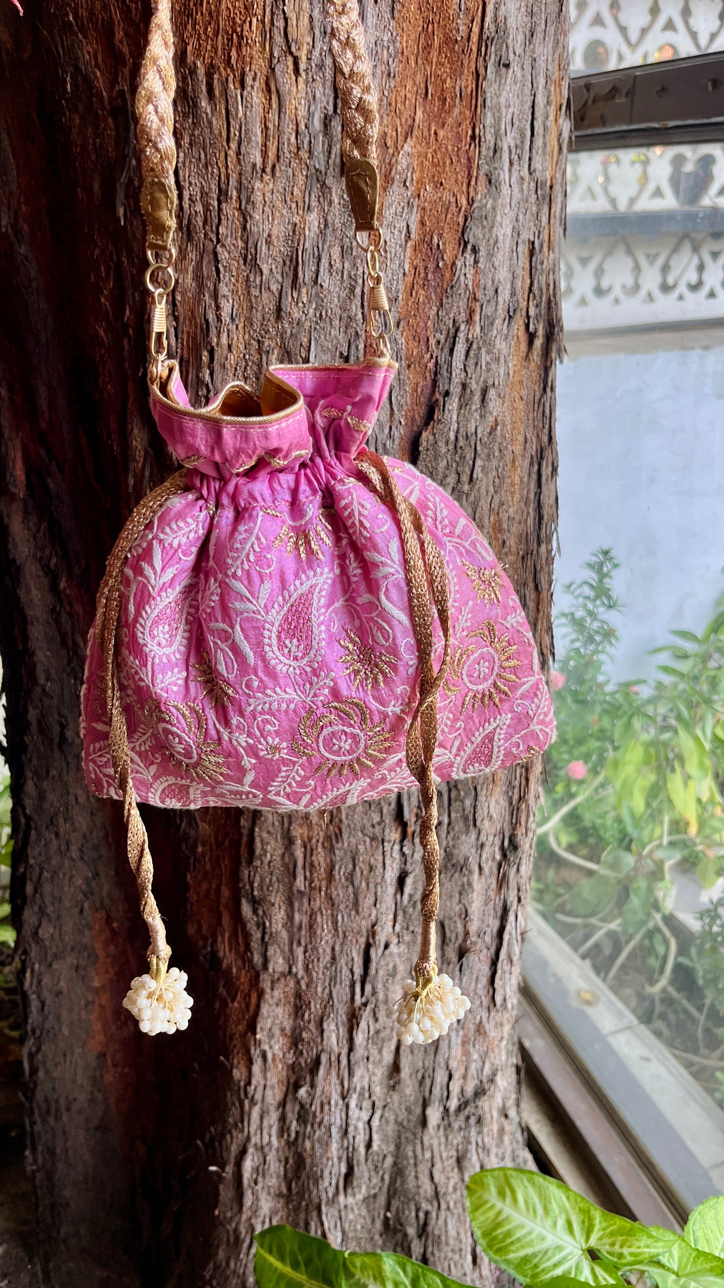 Pink Raw Silk Chikankari Polti Bags