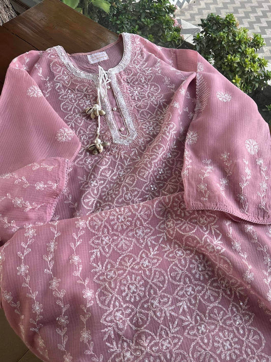 Pink Semi Stitched Kota Tepchi Chikankari Kurta Dupatta Set