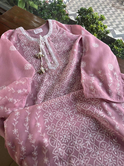 Pink Semi Stitched Kota Tepchi Chikankari Kurta Dupatta Set