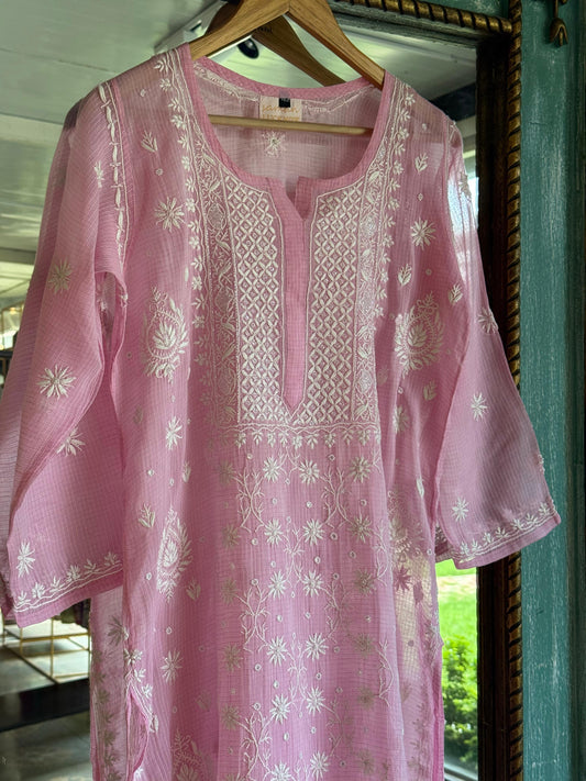Pink Sequinned Chikankari Kota Kurta