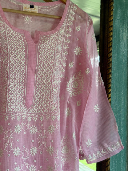 Pink Sequinned Chikankari Kota Kurta