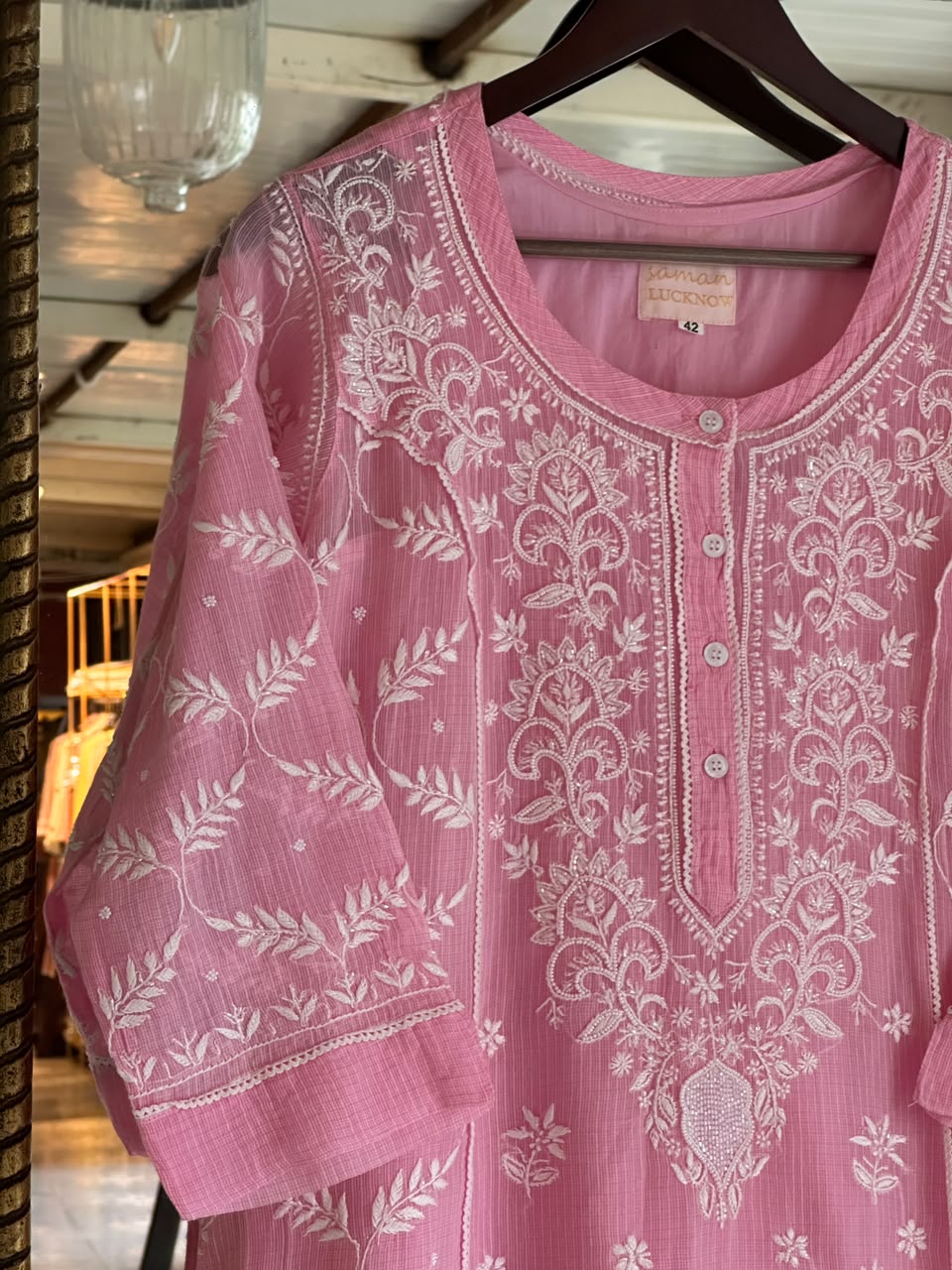Pink Sequinned Chikankari Kota Kurta & Dupatta Set