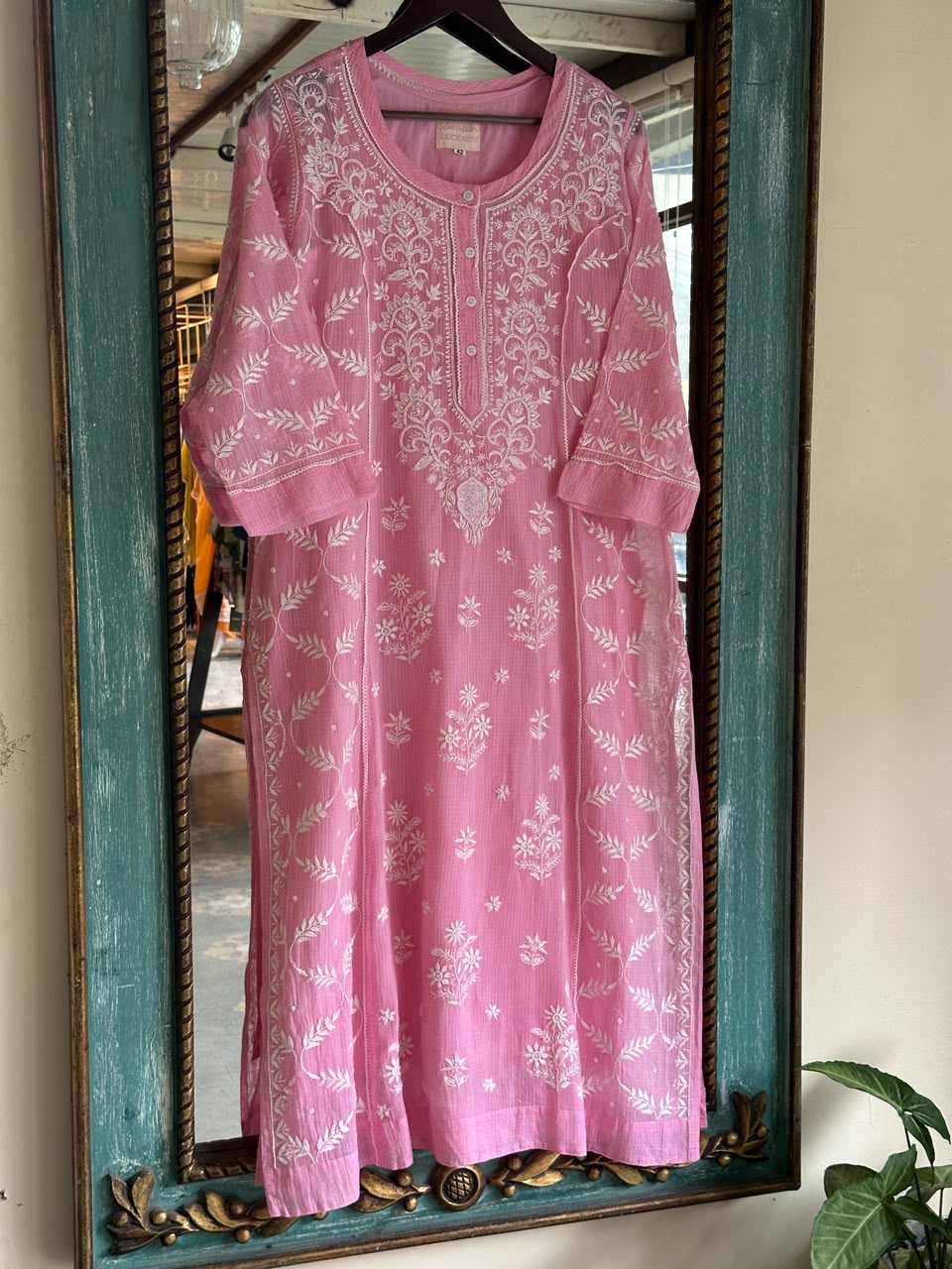 Pink Sequinned Chikankari Kota Kurta & Dupatta Set