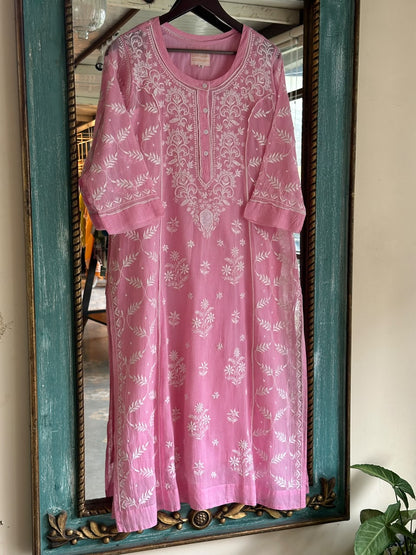 Pink Sequinned Chikankari Kota Kurta & Dupatta Set