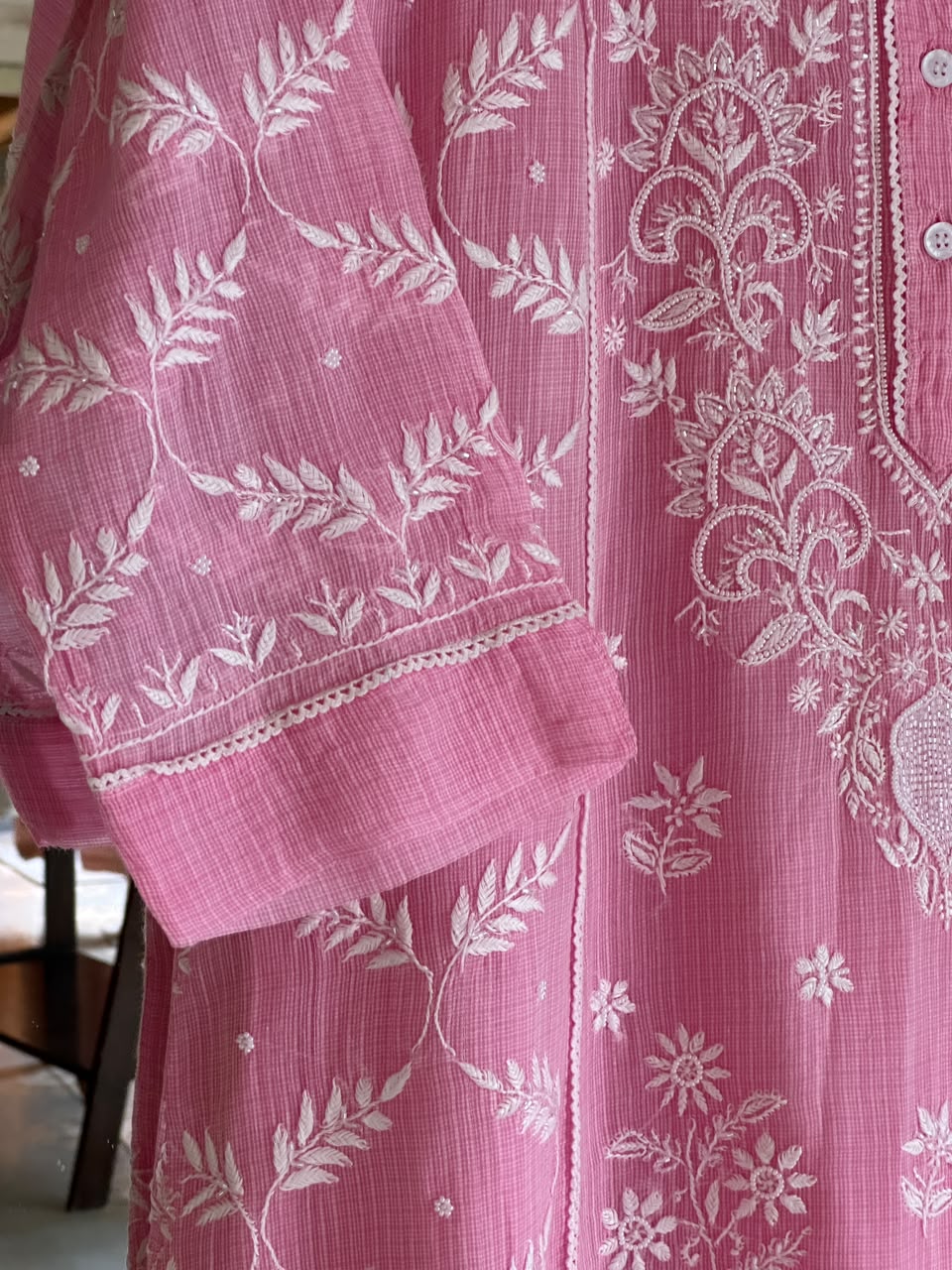 Pink Sequinned Chikankari Kota Kurta & Dupatta Set