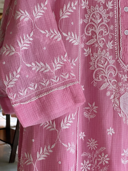 Pink Sequinned Chikankari Kota Kurta & Dupatta Set