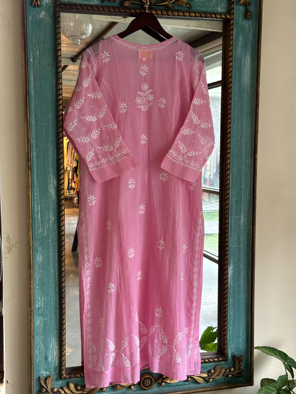 Pink Sequinned Chikankari Kota Kurta & Dupatta Set