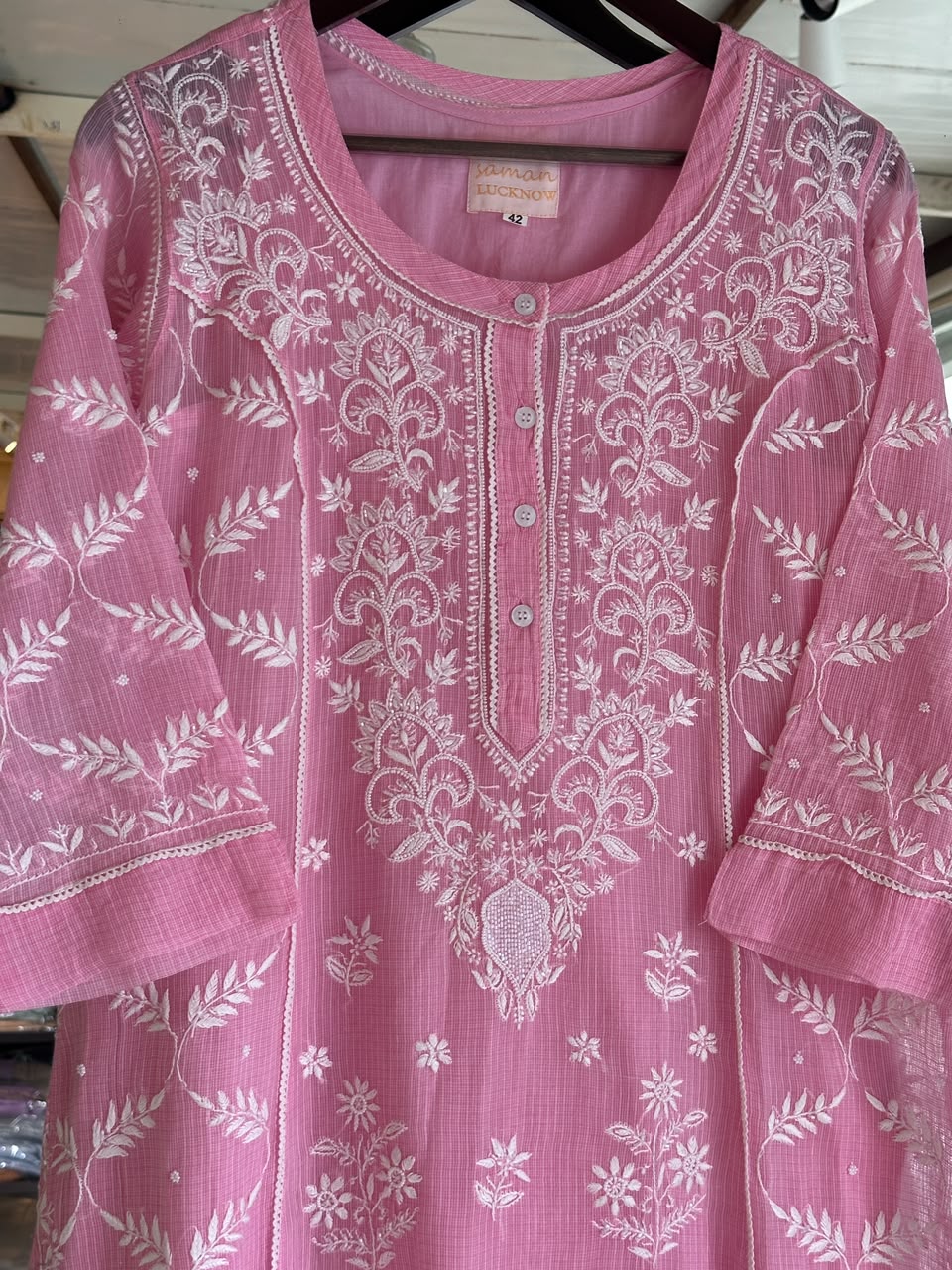 Pink Sequinned Chikankari Kota Kurta & Dupatta Set