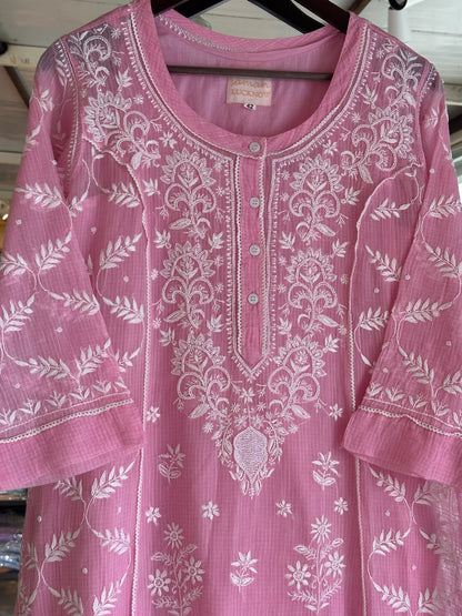 Pink Sequinned Chikankari Kota Kurta & Dupatta Set