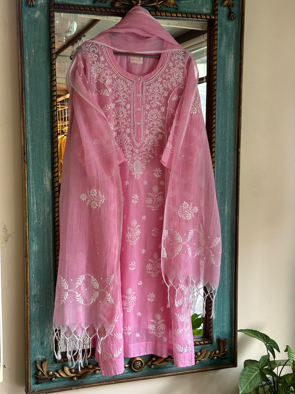 Pink Sequinned Chikankari Kota Kurta & Dupatta Set