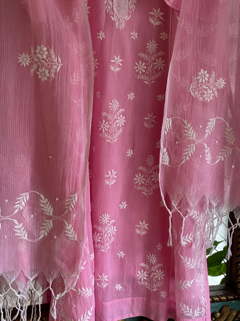 Pink Sequinned Chikankari Kota Kurta & Dupatta Set