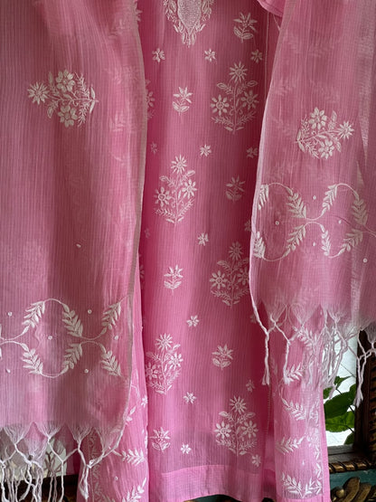 Pink Sequinned Chikankari Kota Kurta & Dupatta Set