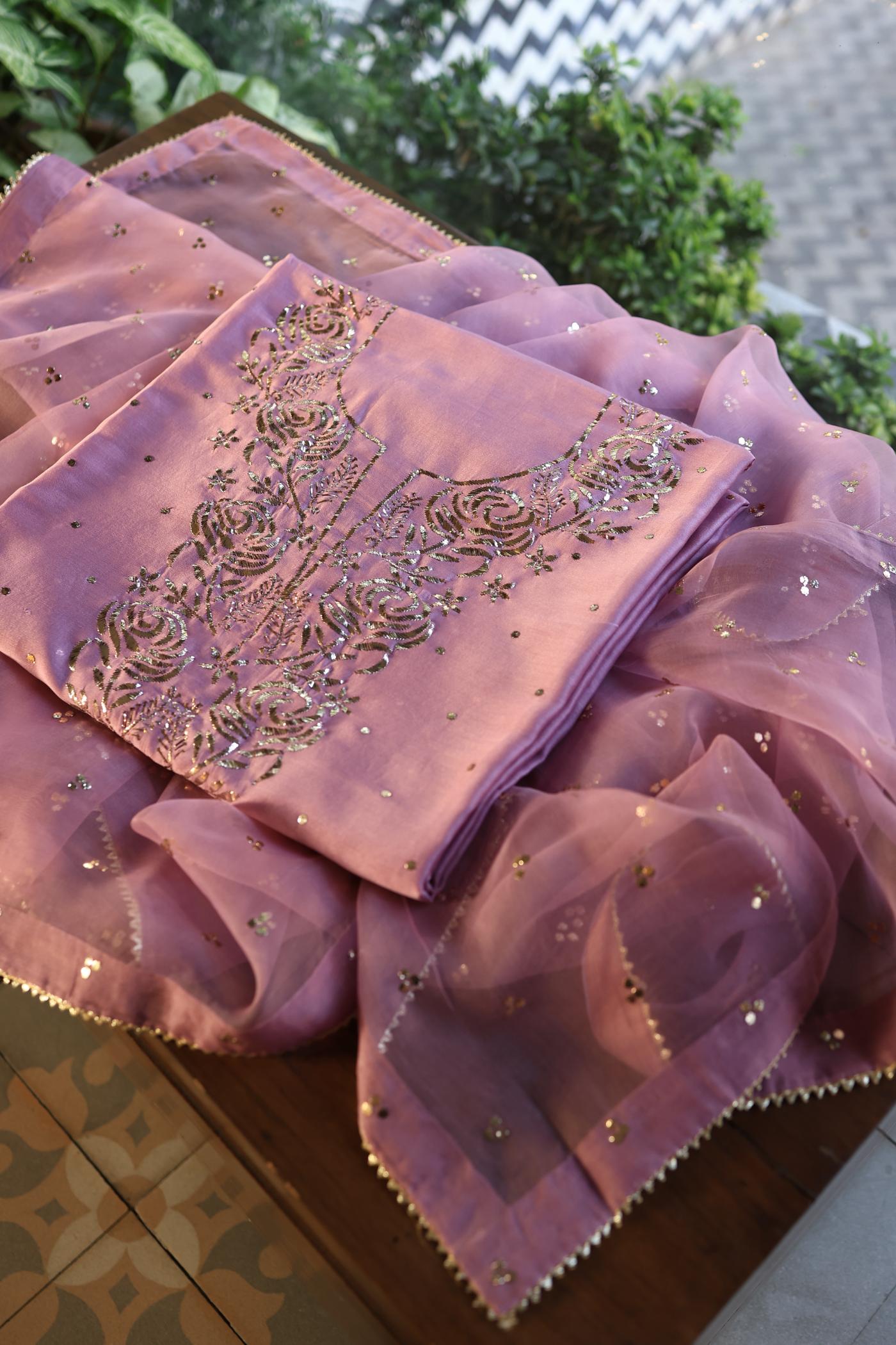 Pink Shade Chanderi Silk Mukaish Badla Unstitched Fabric