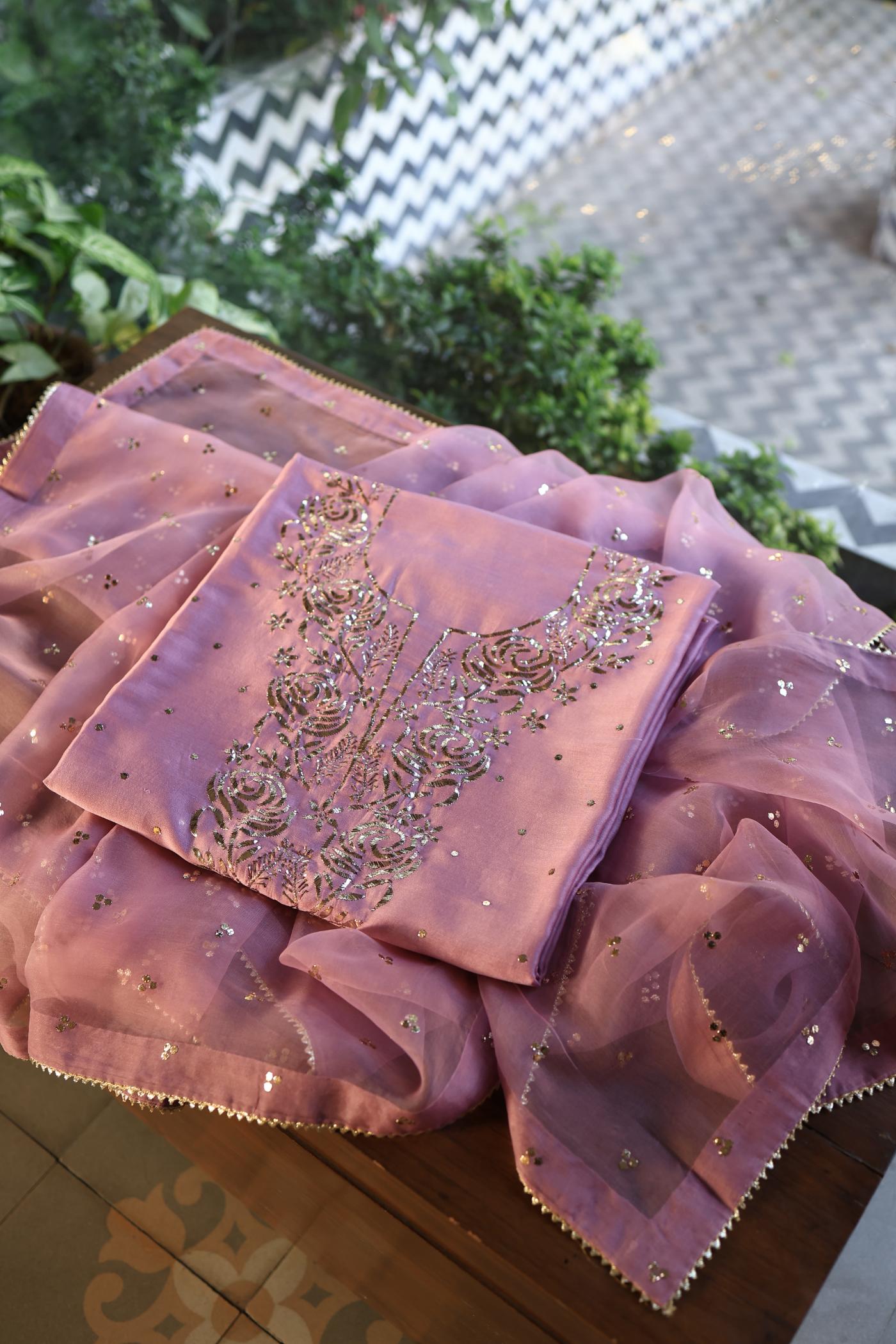 Pink Shade Chanderi Silk Mukaish Badla Unstitched Fabric