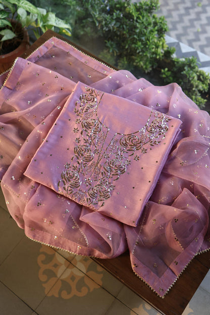 Pink Shade Chanderi Silk Mukaish Badla Unstitched Fabric