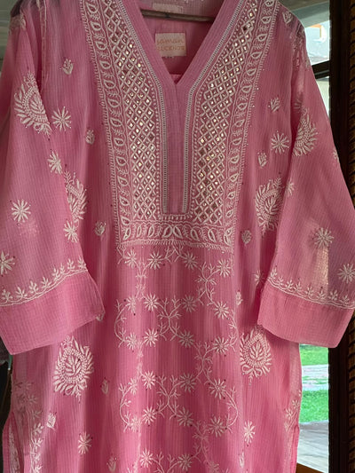 Pink Shade Floral Kota Chikankari Ready To Wear Straight Kurta With Slip
