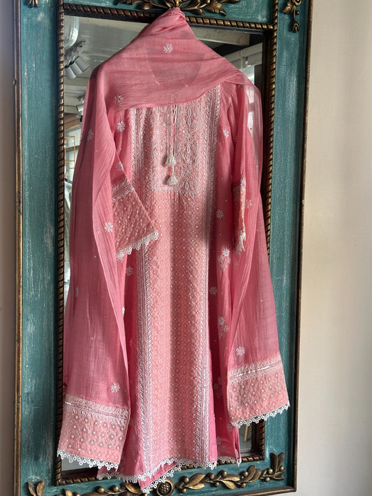 Pink Shade Jacquard Pearl Work Chikankari Kurta With Dupatta