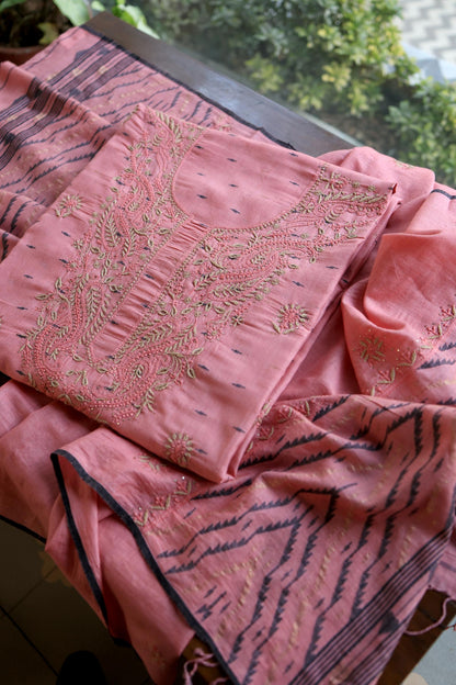 Pink Shade Jamdani X Chikankari Unstitched Fabric