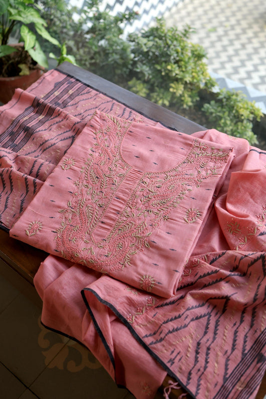 Pink Shade Jamdani X Chikankari Unstitched Fabric