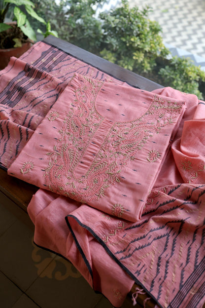 Pink Shade Jamdani X Chikankari Unstitched Fabric