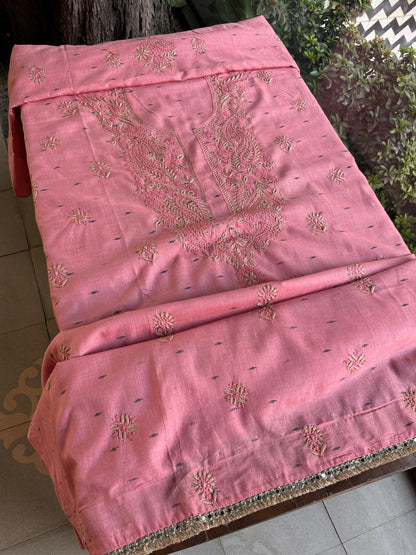 Pink Shade Jamdani X Chikankari Unstitched Fabric