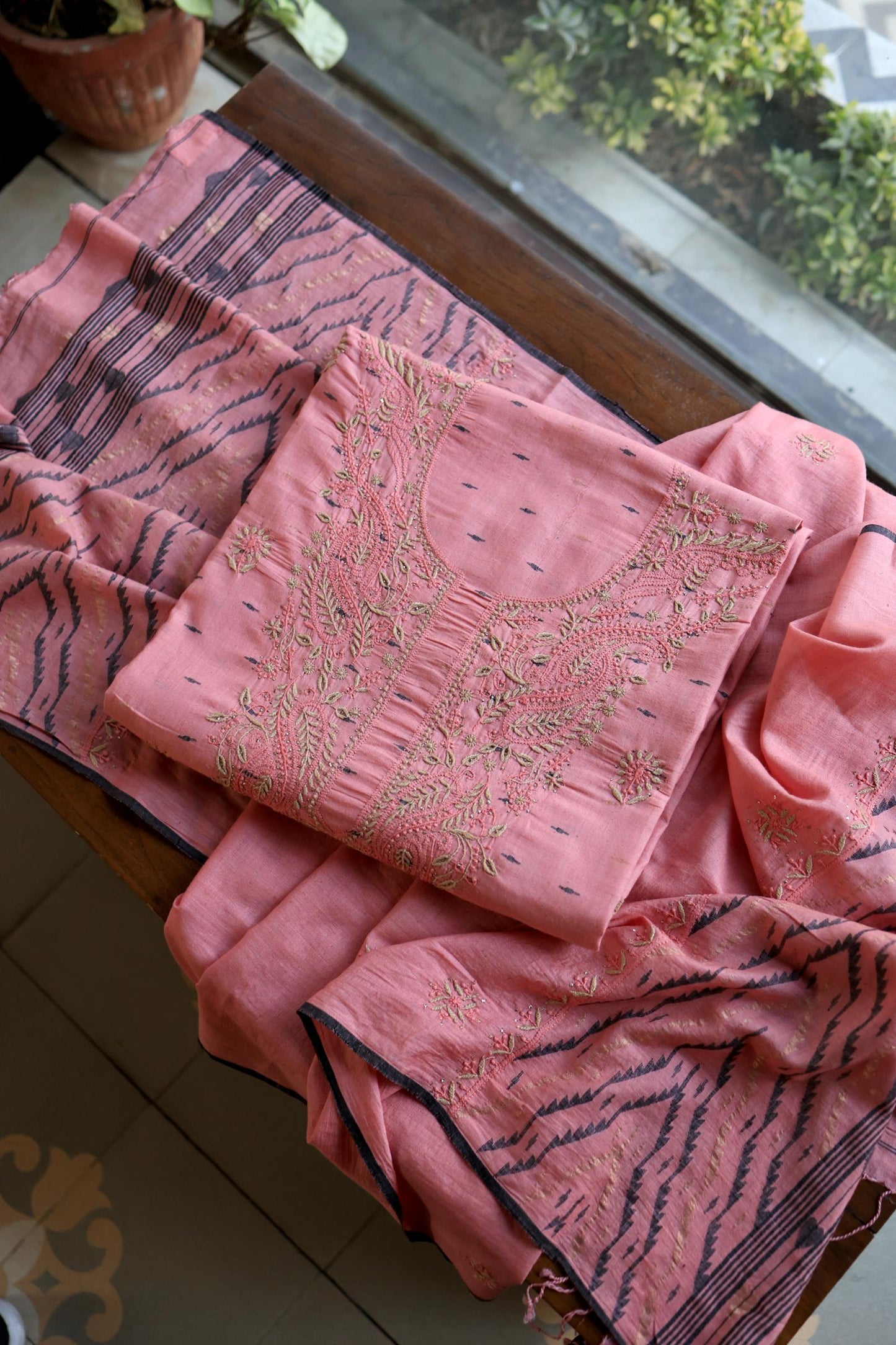 Pink Shade Jamdani X Chikankari Unstitched Fabric