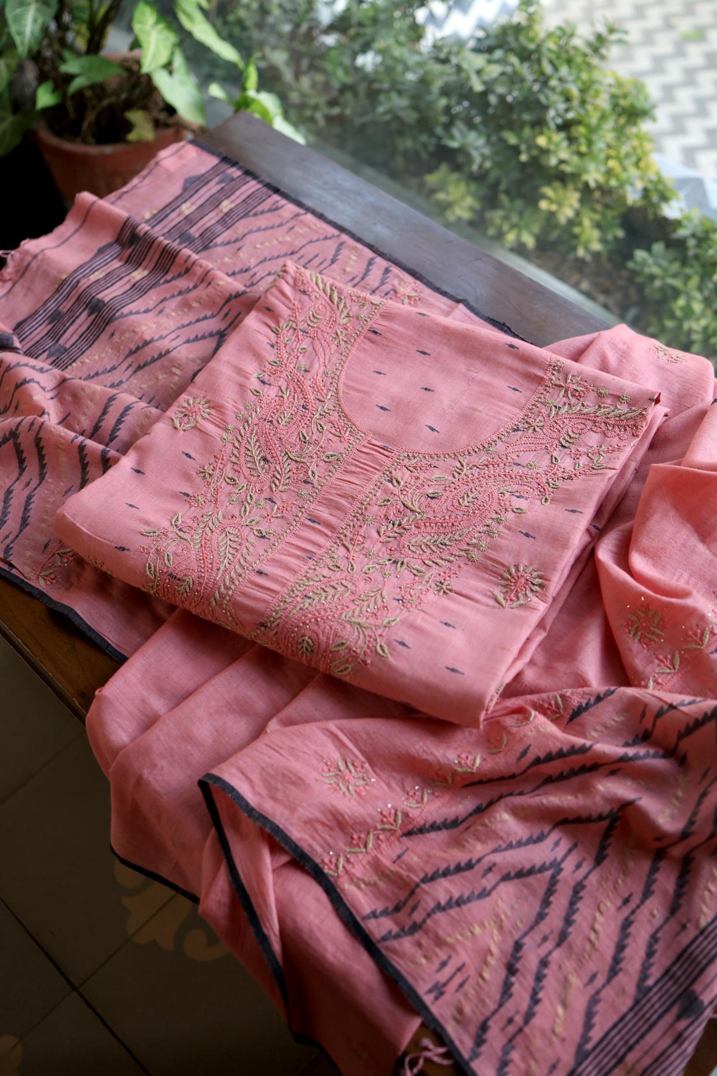 Pink Shade Jamdani X Chikankari Unstitched Fabric