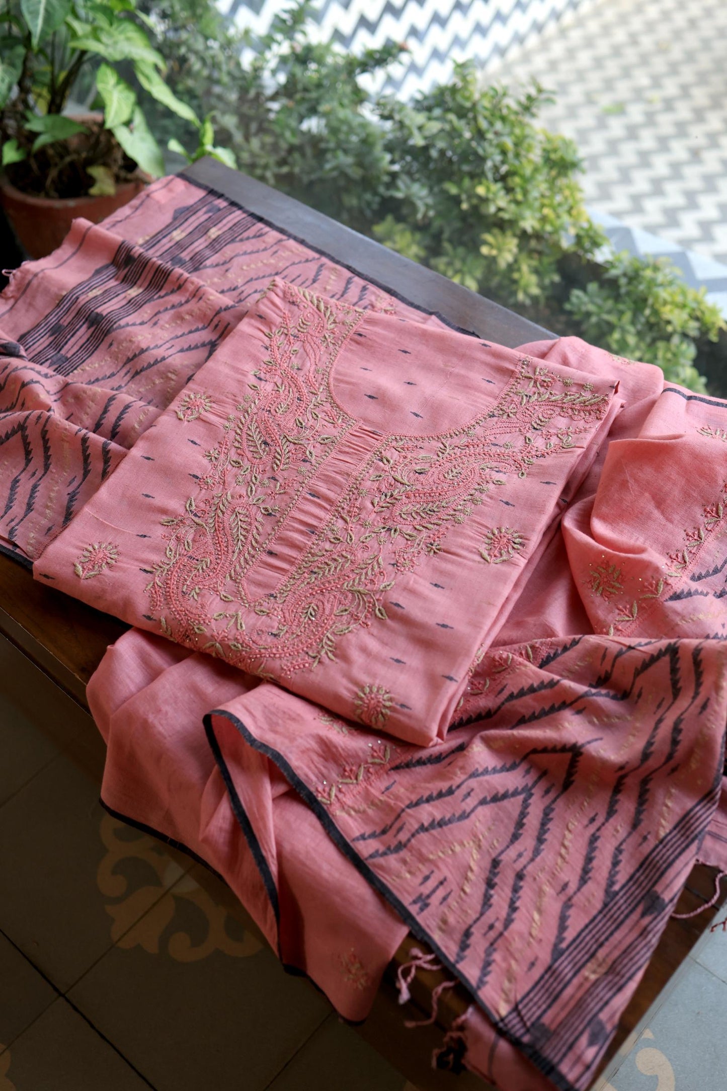 Pink Shade Jamdani X Chikankari Unstitched Fabric