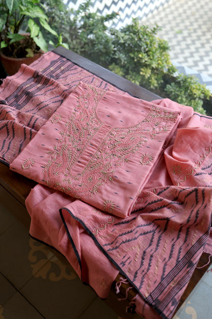 Pink Shade Jamdani X Chikankari Unstitched Fabric