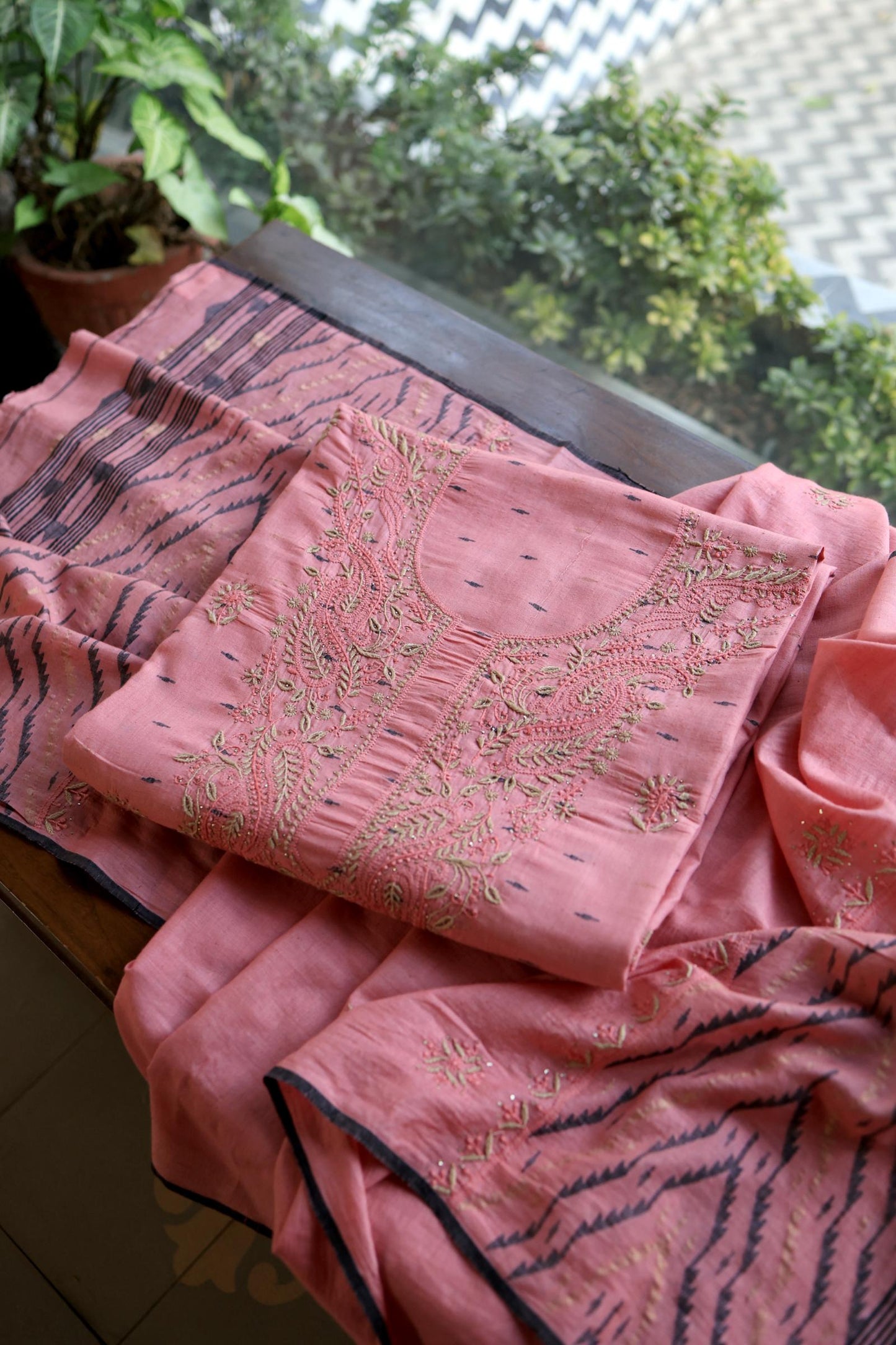 Pink Shade Jamdani X Chikankari Unstitched Fabric
