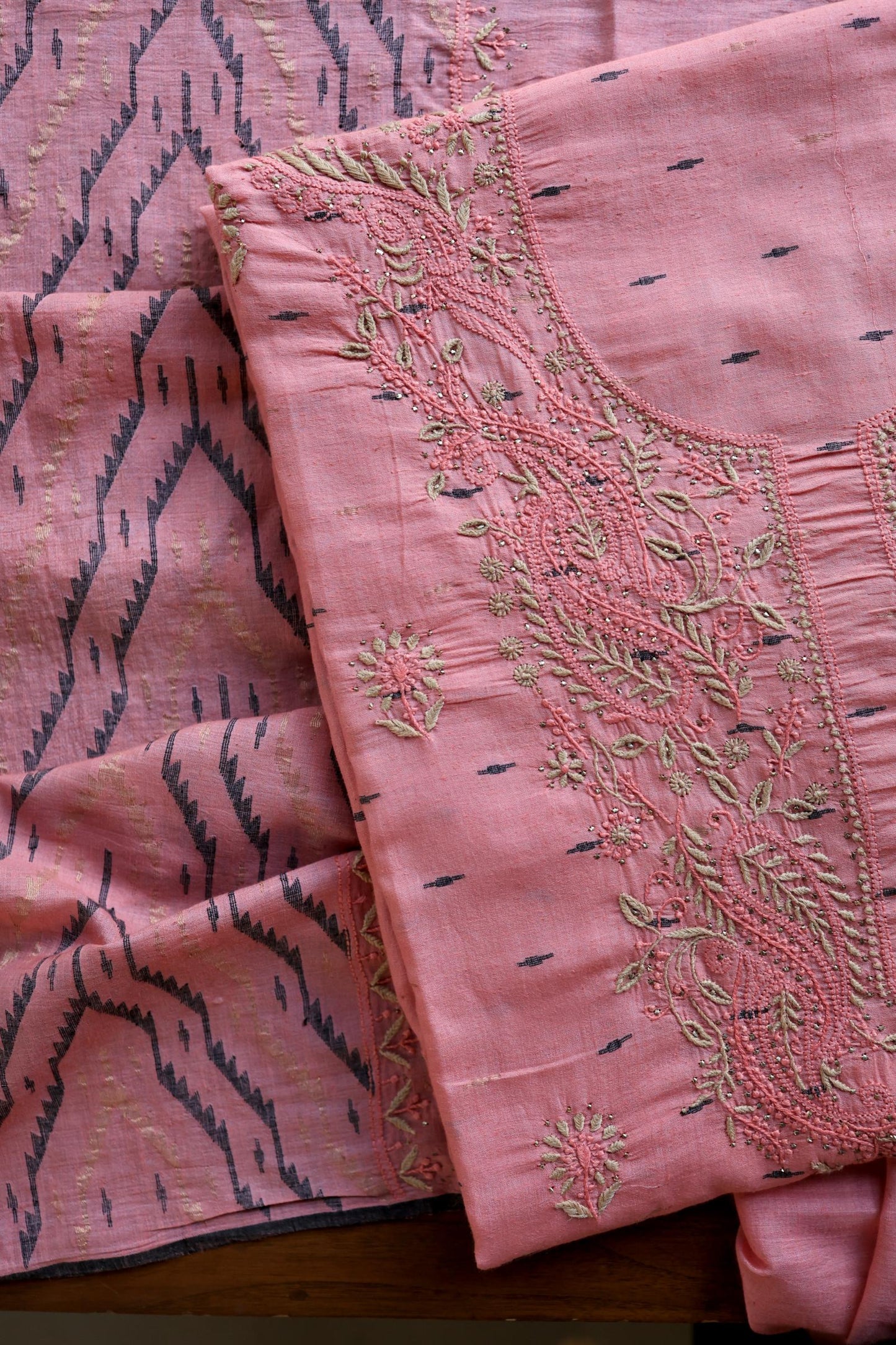 Pink Shade Jamdani X Chikankari Unstitched Fabric