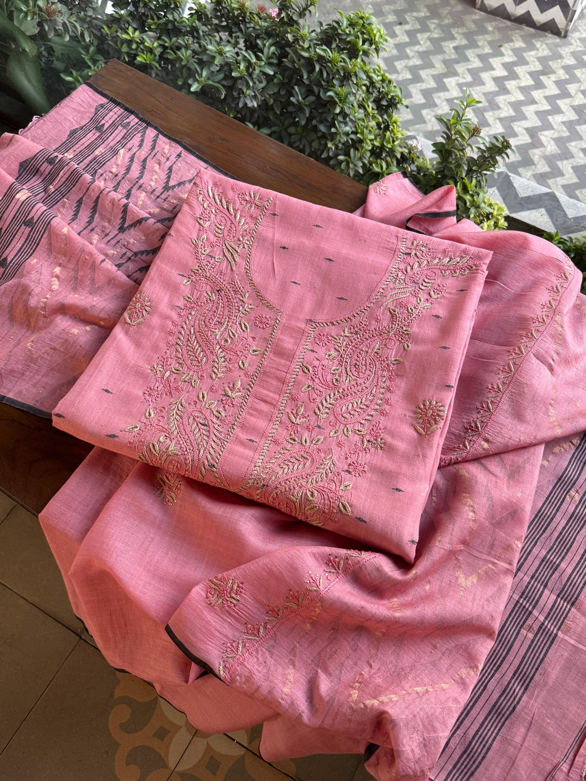 Pink Shade Jamdani X Chikankari Unstitched Fabric