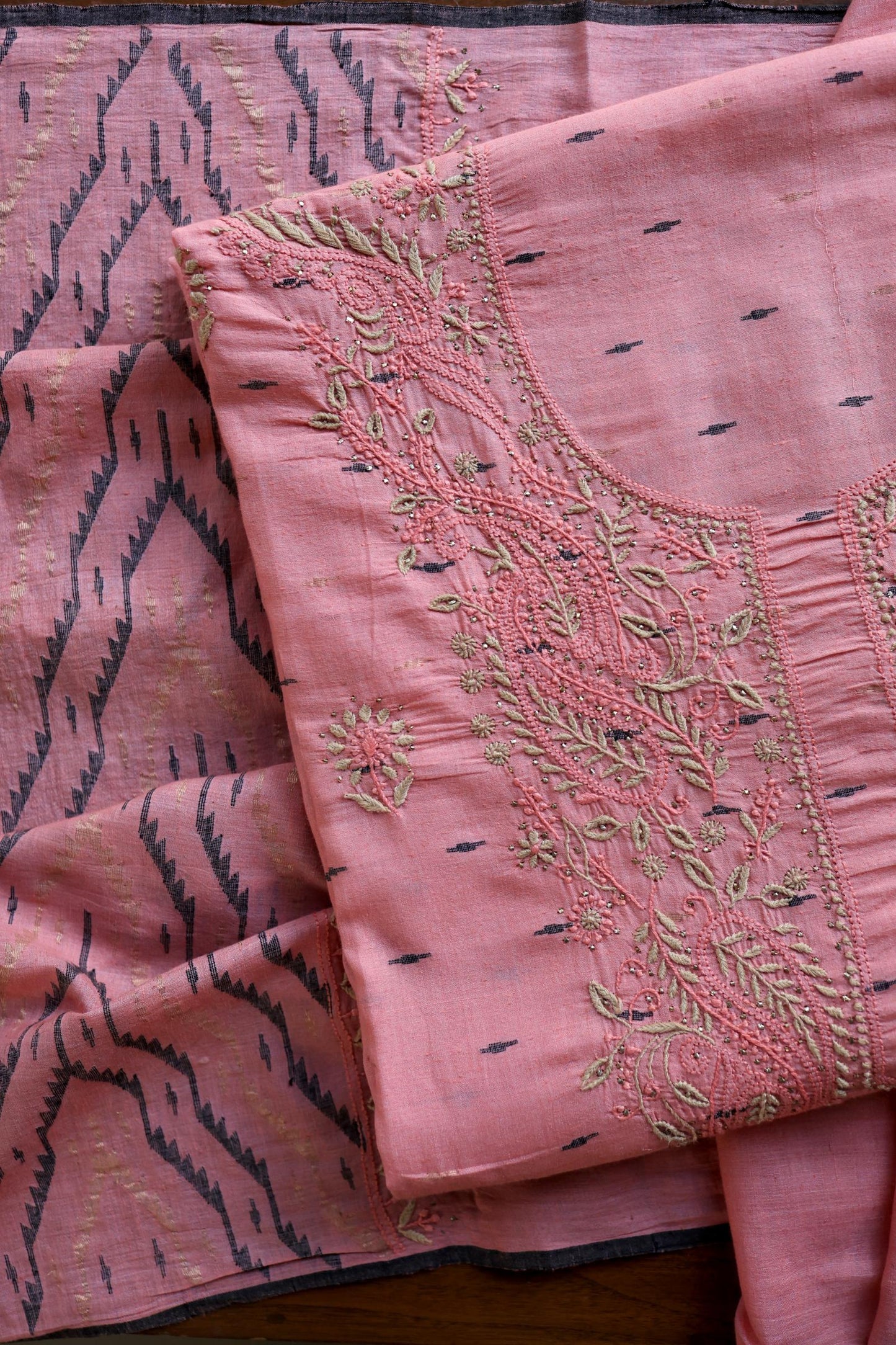 Pink Shade Jamdani X Chikankari Unstitched Fabric